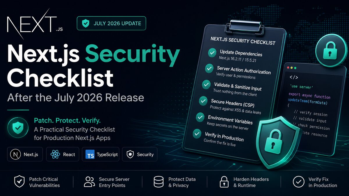 Next.js security checklist showing dependency patching, Server Action authorization, CSP headers, and production verification