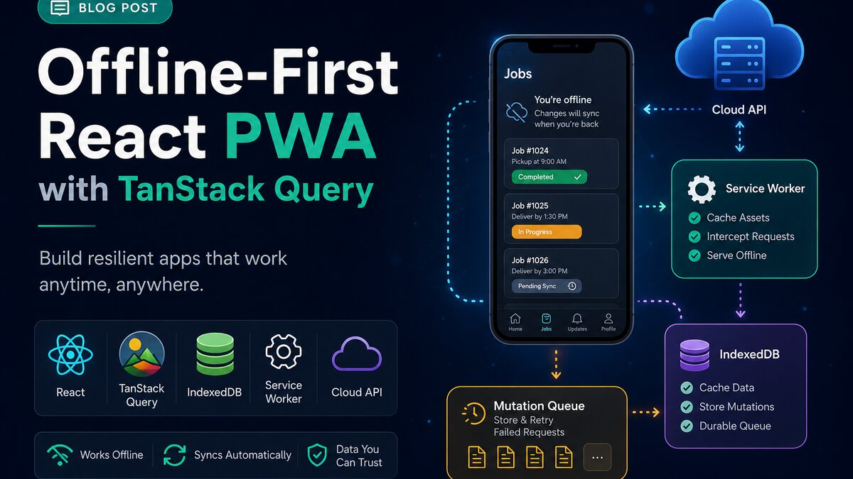Offline-first React PWA architecture showing TanStack Query, IndexedDB, a service worker, and a cloud API