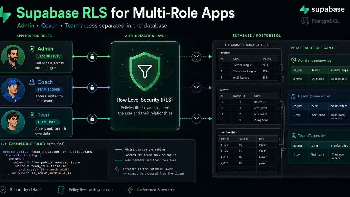 Supabase Row Level Security diagram separating admin, coach, and team database access