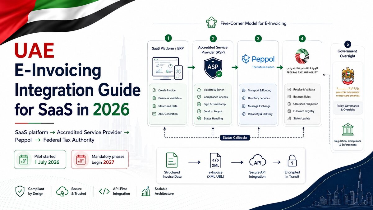 UAE e-invoicing integration architecture connecting a SaaS platform, accredited service providers, Peppol and the Federal Tax Authority
