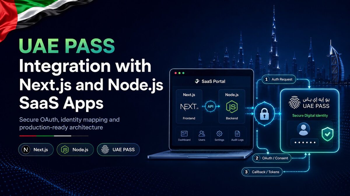 UAE PASS integration architecture connecting a Next.js application and Node.js API to secure UAE digital identity services